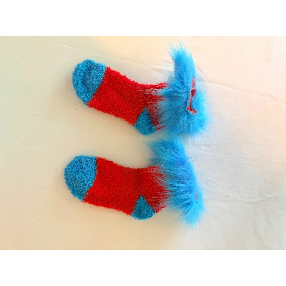 Unbranded Fuzzy Socks Kids Small Red Blue Excellent Faux Fur Trim Dr Seuss Style